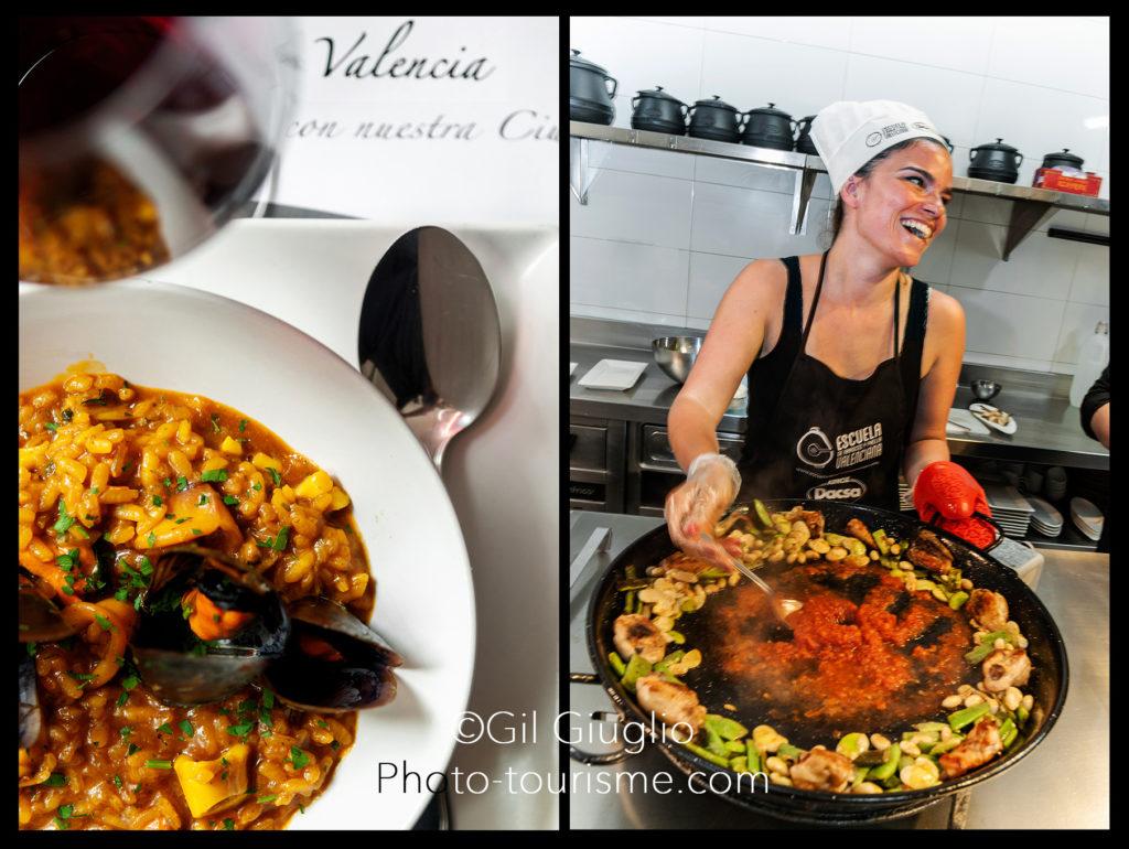 Deux photo de paella et cusiniière