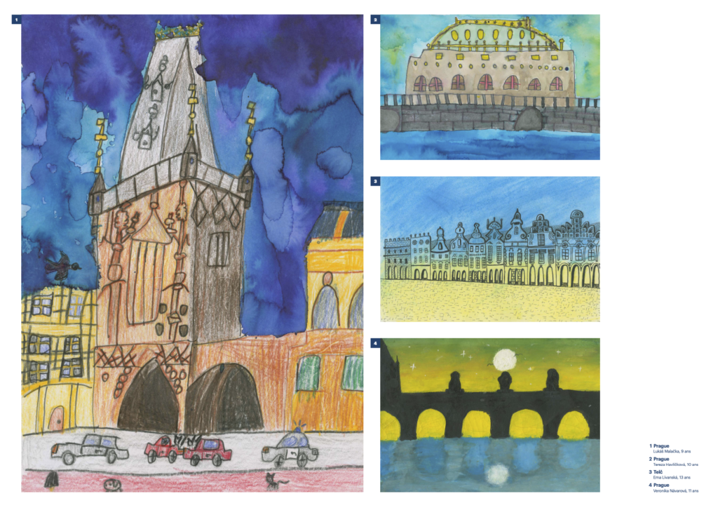4 dessins de Prague et Telc par des écoliers