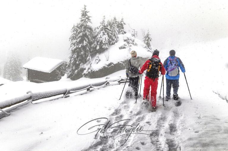 3 marcheurs en raquettes dans la neige prêt d'un chalet