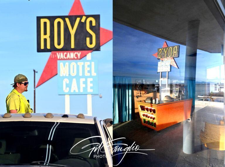 2 images : un homme sur fond bleu et enseigne publicitaire et reflet de la réception d'un motel dans. vitrine