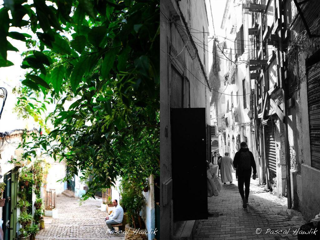 2 image , une couleur l'autre noir et blanc de ruelle avec végétation et silhouette d'homme
